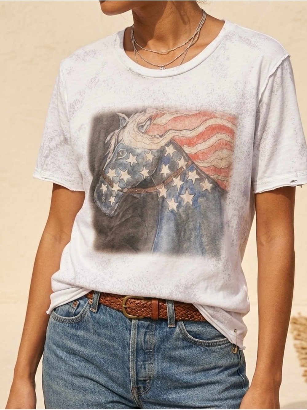 A Rare Bird Distressed Cotton Horse Flag T Shirt NWT Size S/M